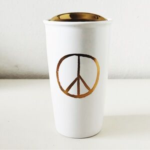 Starbucks 2015 Peace Symbol Ceramic Travel Tumbler White with Gold Foil 12 fl oz